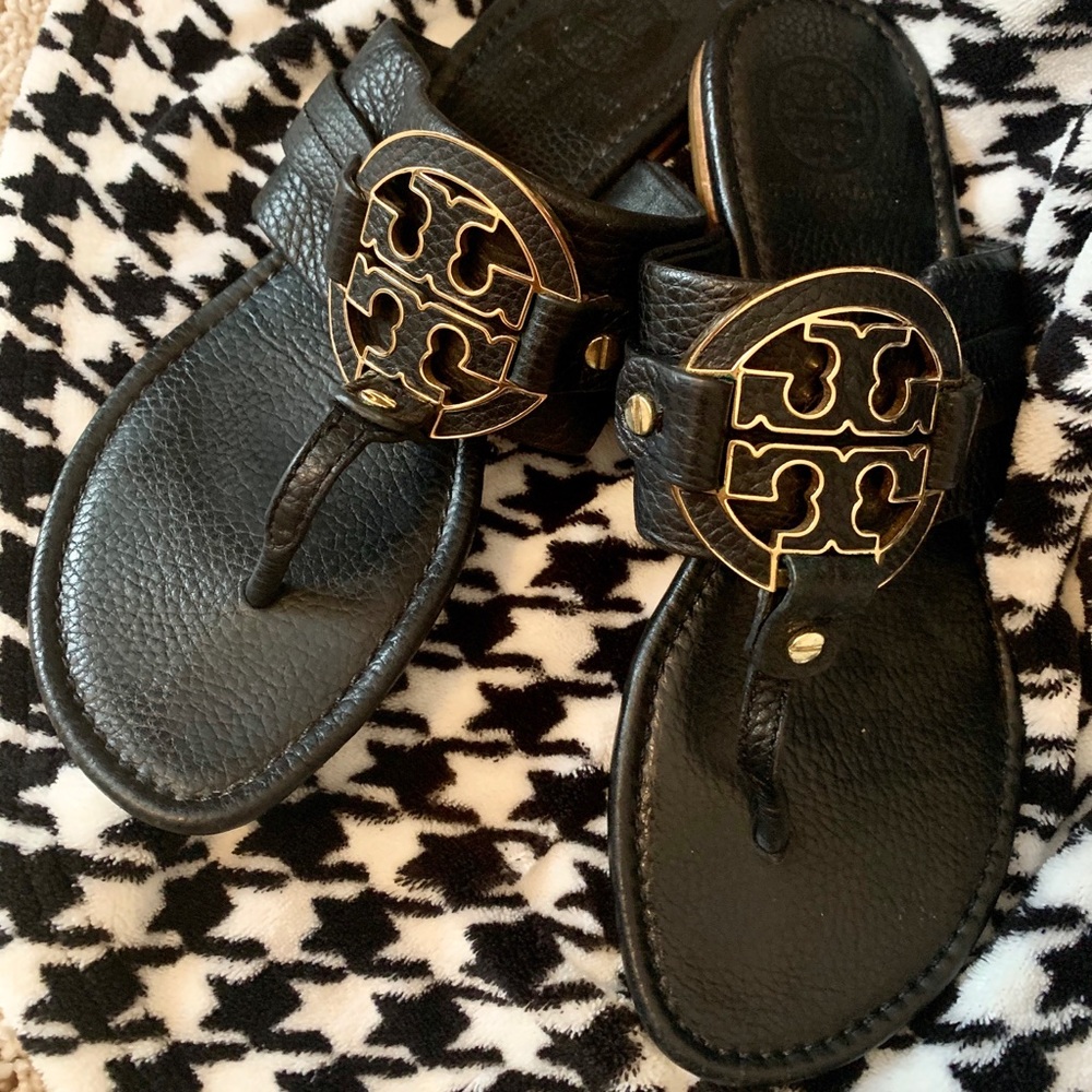 Black Leather Tory Burch Sandals
